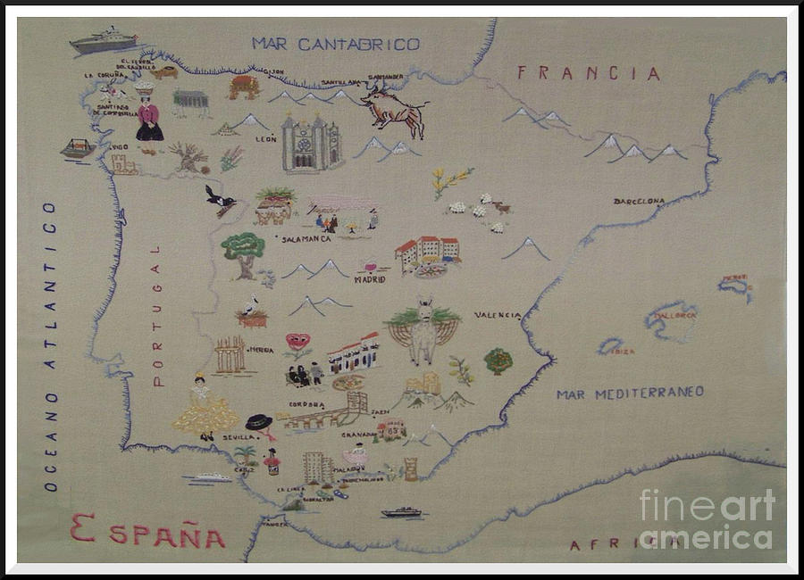 Embroidery - Map of Spain Tapestry - Textile by Eleanor Robinson