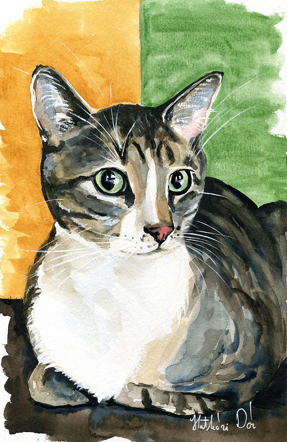 Emerald Eyes - Tabby Cat Portrait Painting by Dora Hathazi Mendes