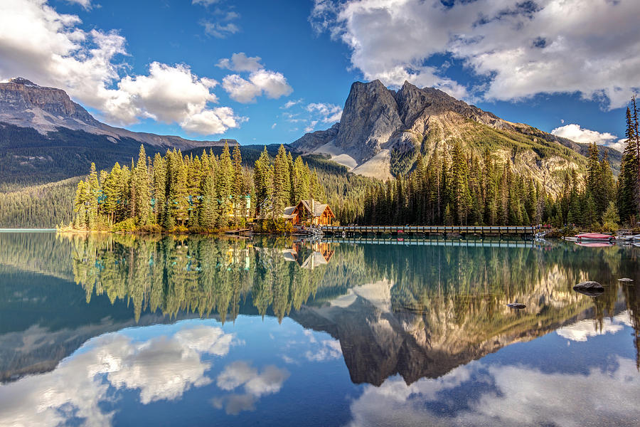Cabin Photograph - Emerald Lake Lodge Reflection by Pierre Leclerc Photography