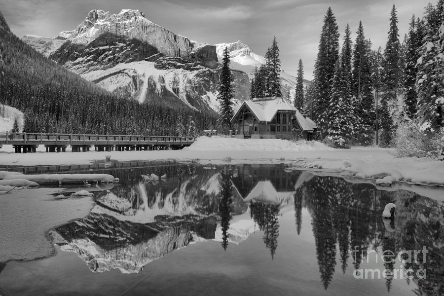 Emerald Lake Winter Sunset Reflections Black And White Photograph by Adam Jewell