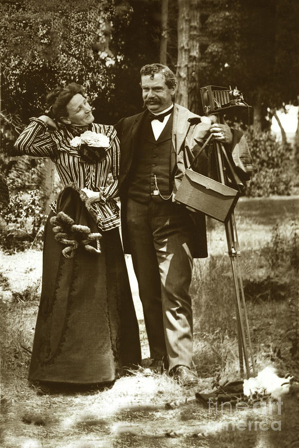 Tripod Photograph - Emily Tuttle and her husband C. K. Tuttle with his 4x5 camera 1900 by Monterey County Historical Society