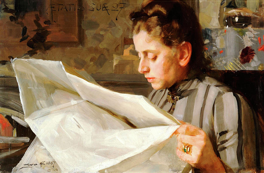 Vintage Painting -  Emma Zorn Reading by Anders Zorn