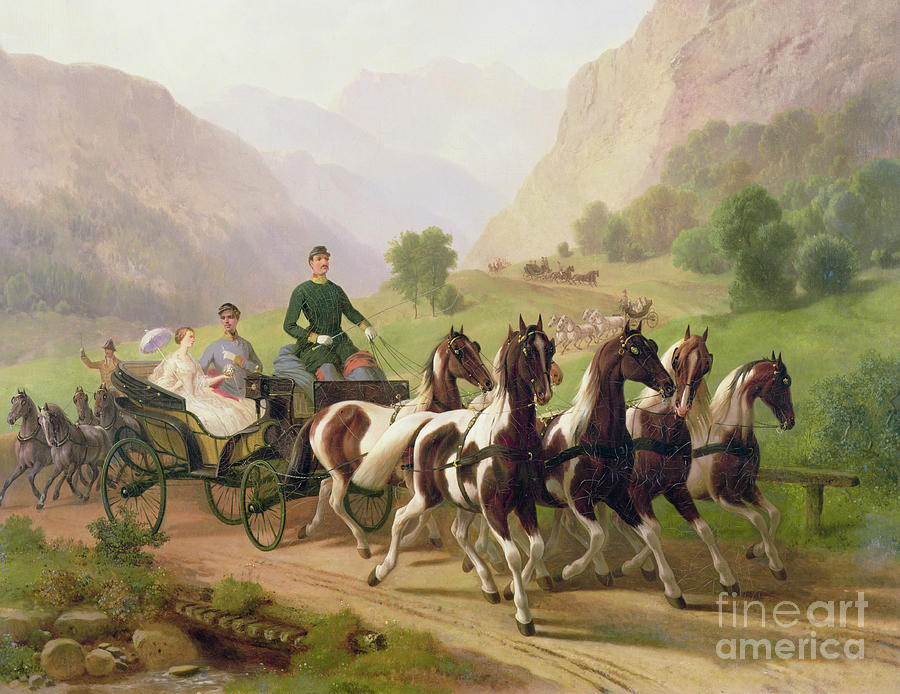 Landscape Painting - Emperor Franz Joseph I of Austria being driven in his carriage with his wife Elizabeth of Bavaria I by Austrian School