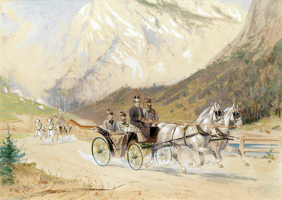 Emperor Franz Joseph I with Crown Prince Rudolf on a carriage journey in the Salzkammergut Drawing by Heinrich Gottfried Wilda