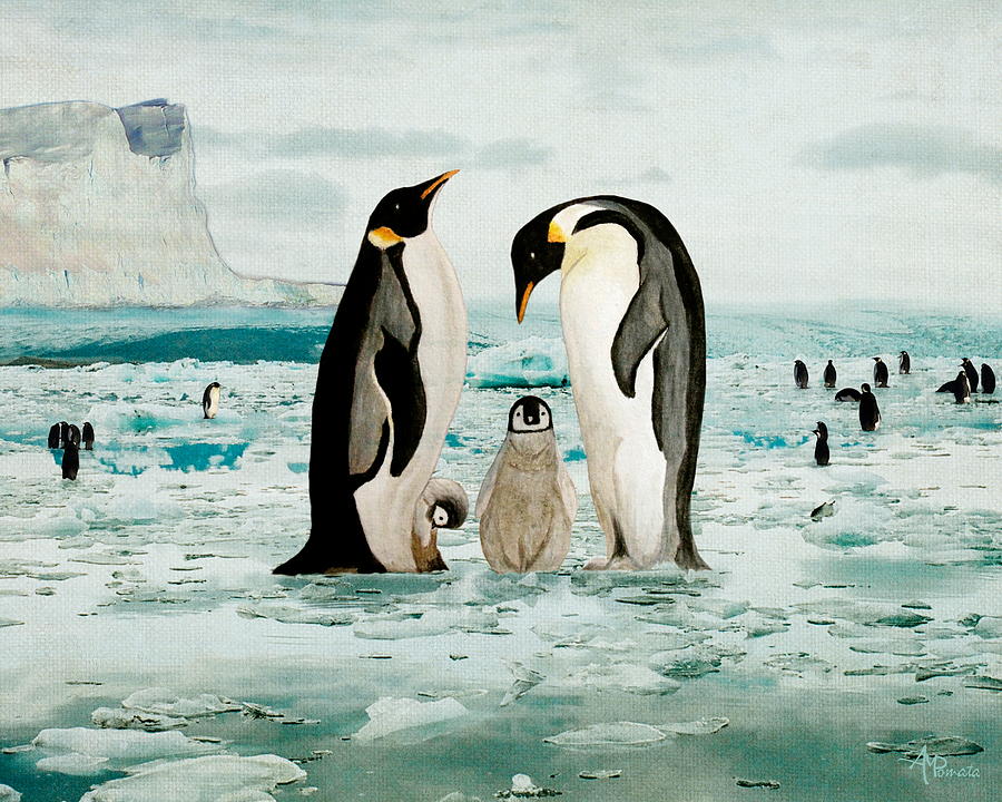 Emperor Penguin Family Painting by Angeles M Pomata