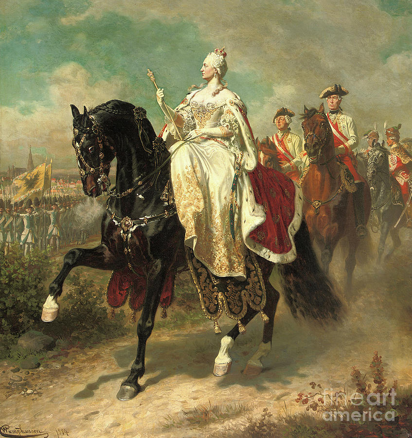 Horse Painting - Empress Maria Theresia on horseback inspecting Austrian troops by Wilhelm Camphausen