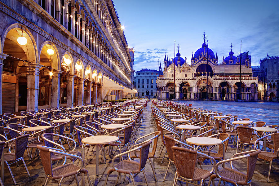 Architecture Photograph - Empty Cafe on Piazza San Marco - Venice by Barry O Carroll