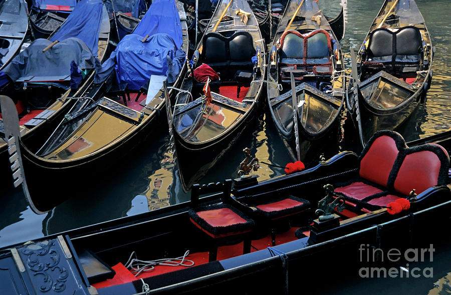 Empty gondolas floating on narrow canal in Venice Photograph by Sami Sarkis