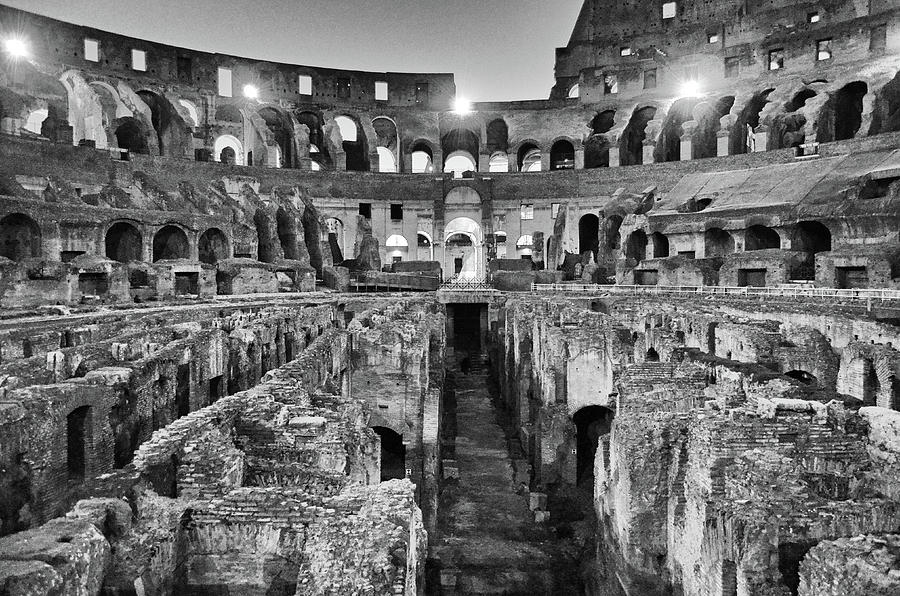 Empty Roman Colosseum Interior and Underground at Night Black and White Photograph by Shawn OBrien