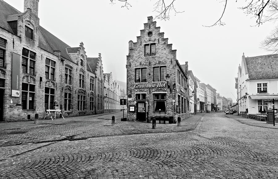 Architecture Photograph - Empty Streets in Bruges on a Misty Morning by Barry O Carroll