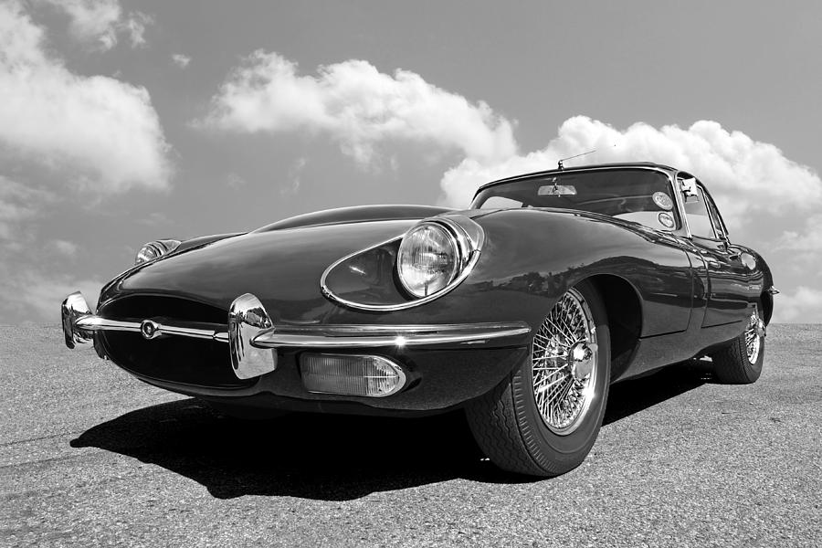 En Route To Goodwood - Jaguar E-Type in Black and White  by Gill Billington