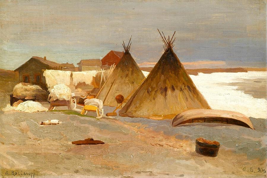 River Painting - Encampment in the Snow by Alexander