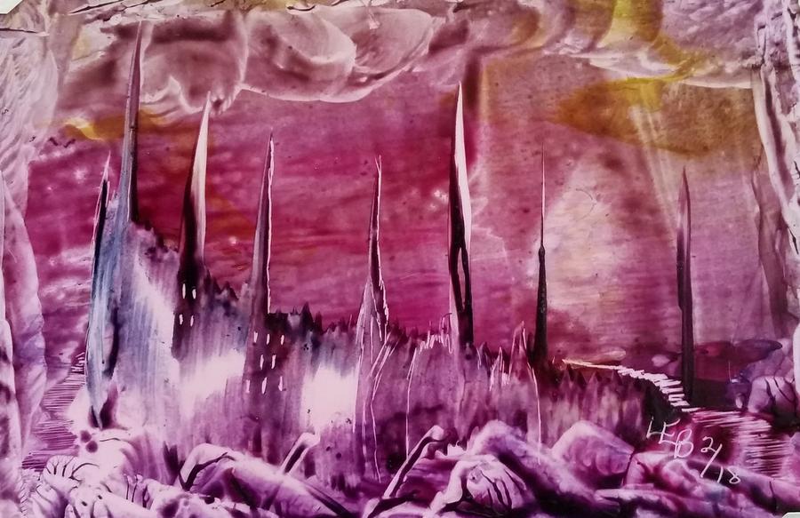 Encaustic purple-pink abstract castles by Lorraine Bradford Encaustic purple-pink abstract castles by Lorraine Bradford