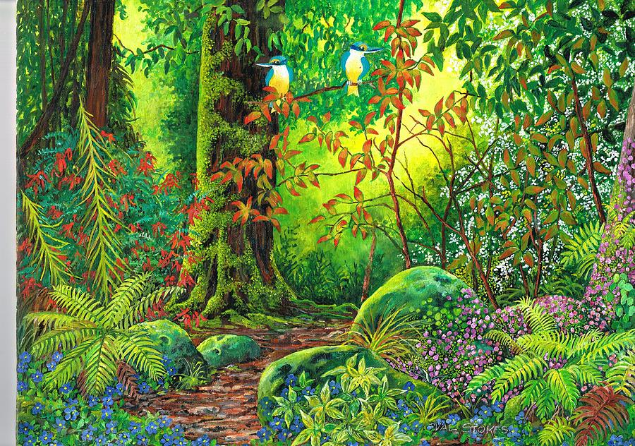 Flower Painting - Enchanted forest by Val Stokes