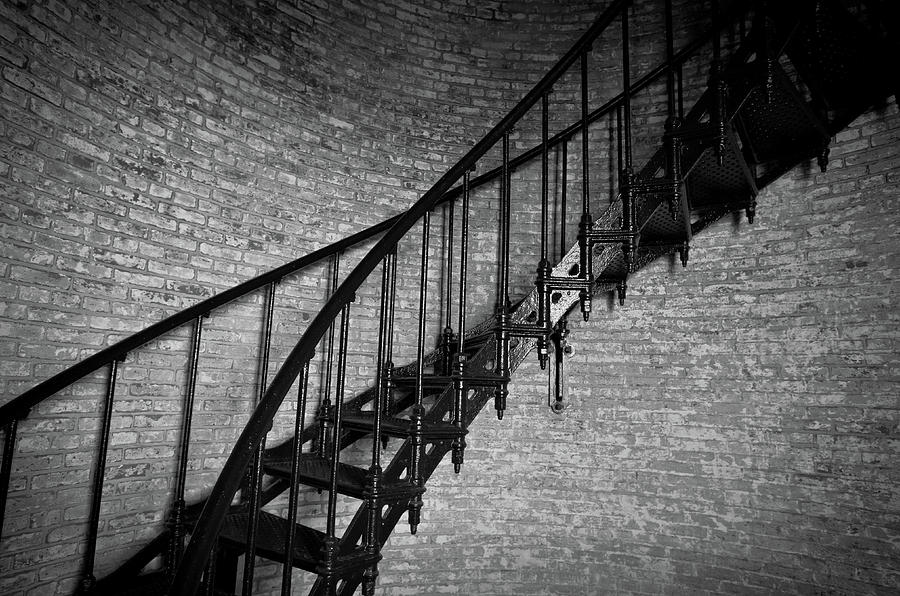 Black And White Photograph - Enchanted Staircase II - Currituck Lighthouse by David Sutton