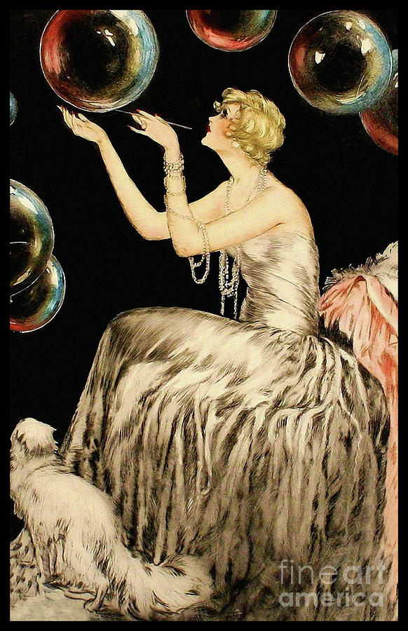 Cat Painting - Enchanting Whimsical French Art Deco Woman Fashion illustration by Tina Lavoie
