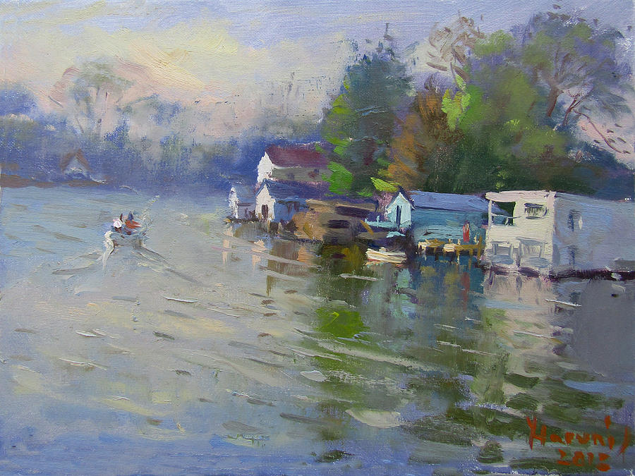 Boat Painting - End of Perfect Day by the Water by Ylli Haruni