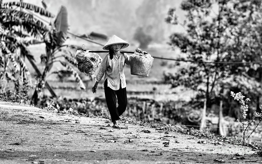 End of the Day Vietnamese Woman BW Photograph by Chuck Kuhn