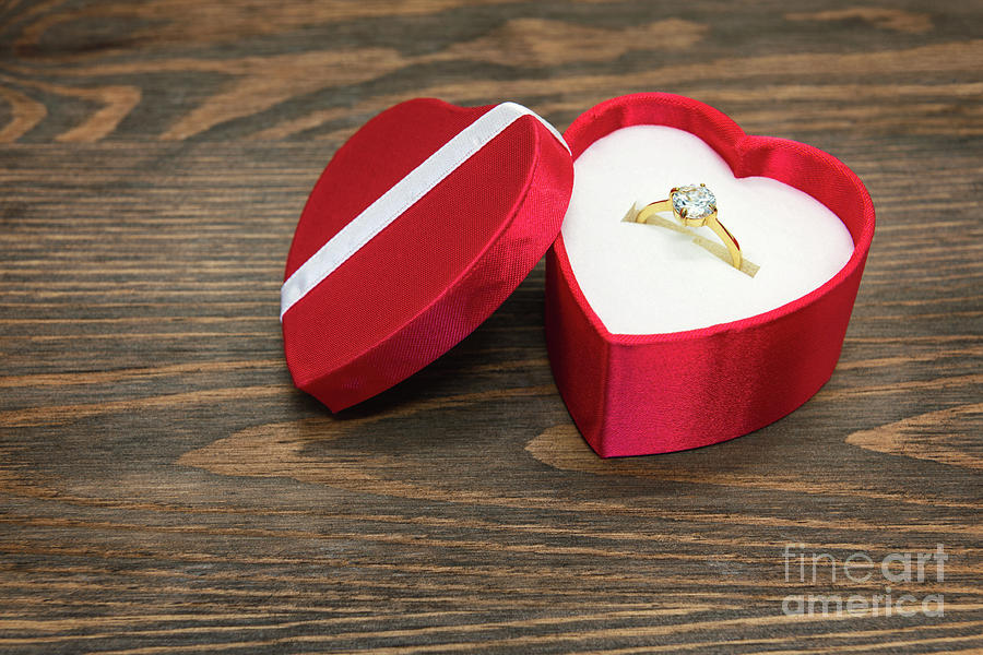 Engagement Ring In Heart Shaped Box Photograph