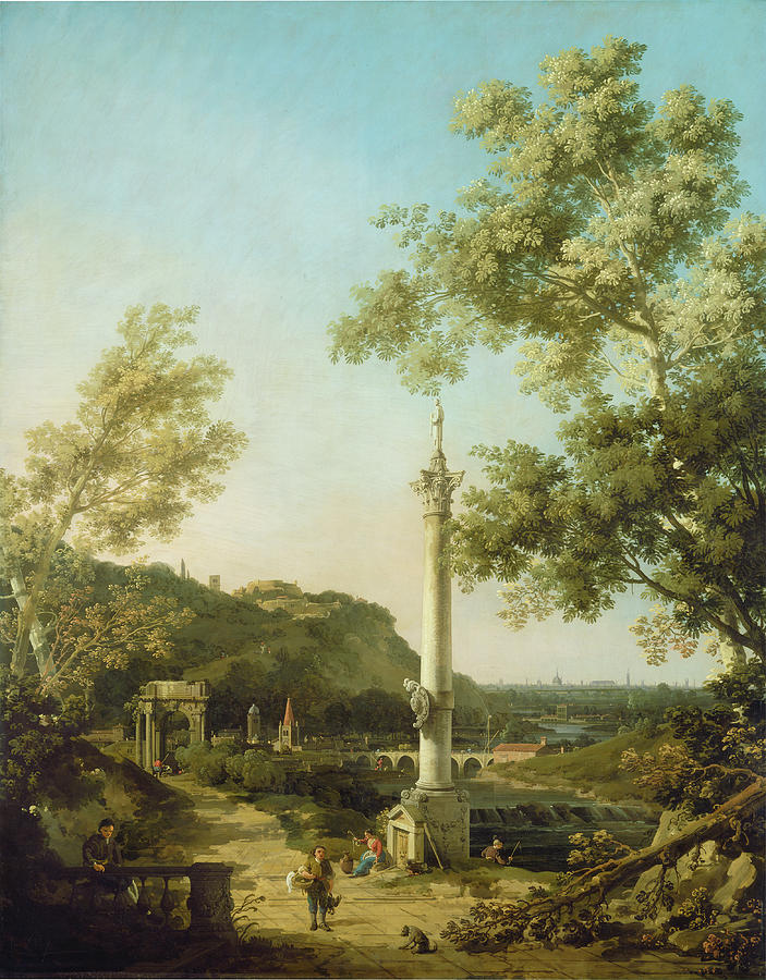 English Landscape Capriccio with a Column Painting by Canaletto