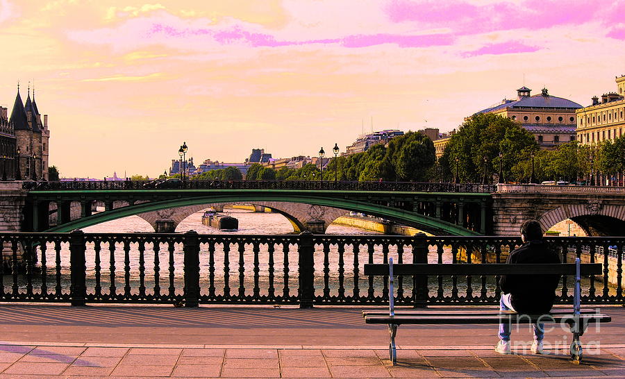 Paris Digital Art - Enhanced View Bridge over Seine River Paris  by Chuck Kuhn