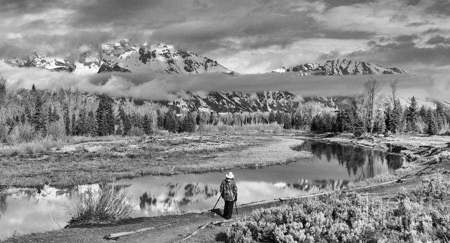 Enjoying The Teton Morning Views Black And White Photograph by Adam Jewell