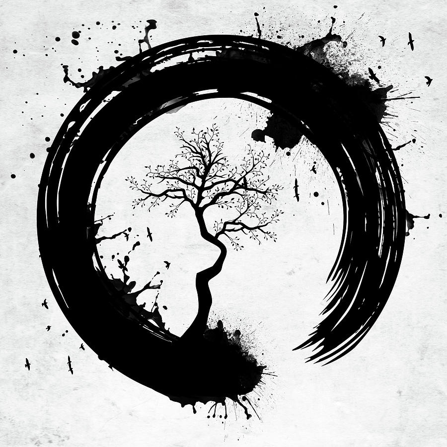 Enso circle with tree bw splashes Digital Art by Mihaela Pater - Pixels