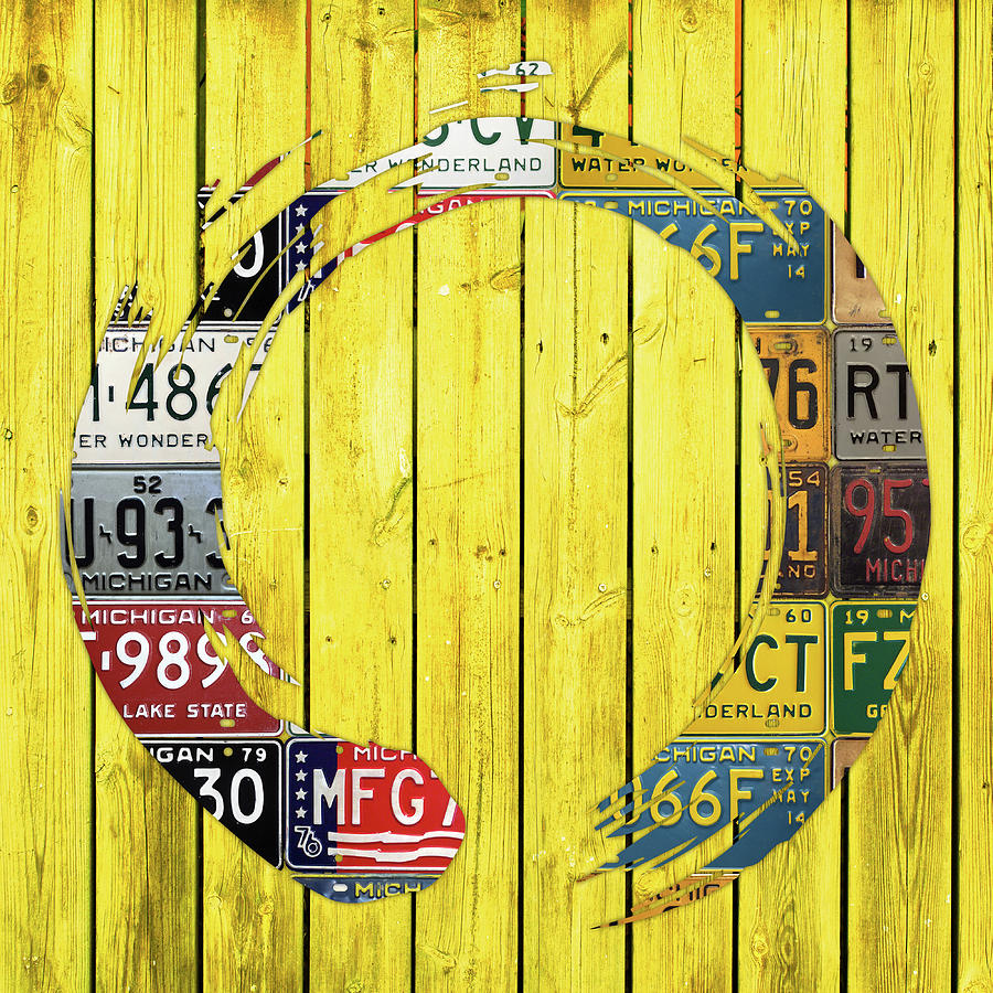 Vintage Mixed Media - Enso Symbol Recycled Vintage Michigan License Plate Art on Yellow by Design Turnpike