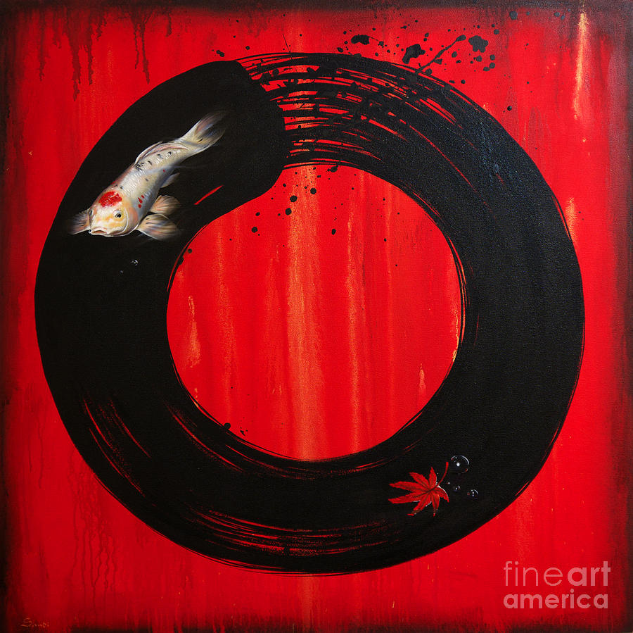 Koi Painting - Enso with Koi Red and Gold by Sandi Baker