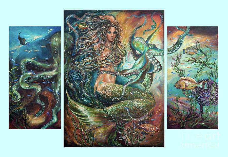 Entangled Mermaid Tryptich Painting by Linda Olsen