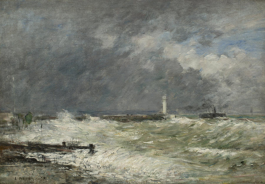 Entrance to Le Havre breakwater in bad weather Painting by Eugene ...