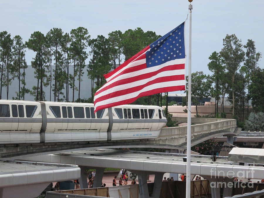Florida Photograph - Epcot Rail with American Flag by Vladimir Belchikov