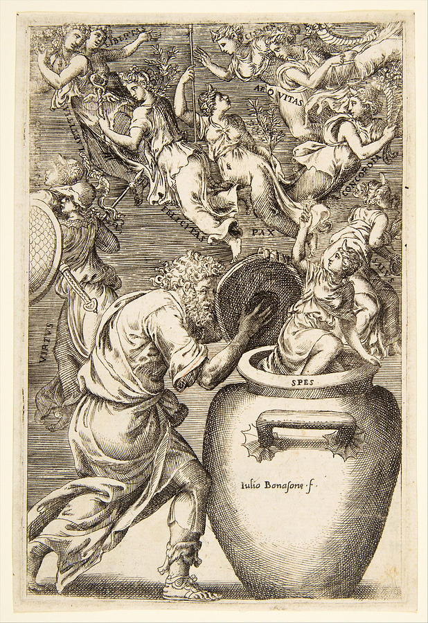 Epimetheus opening Pandoras box Drawing by Giulio Bonasone