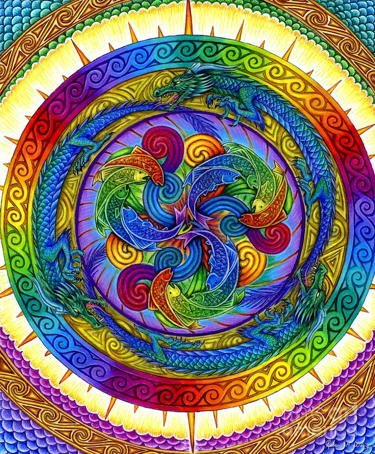 Dragon Drawing - Psychedelic Dragons Rainbow Mandala by Rebecca Wang