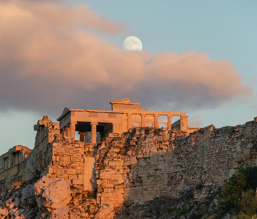 Erechtheum Acropolis Athens Evening Moon Painting by Jebulon