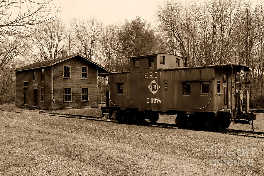 Erie RR Line Caboose in black and white Photograph by Paul Ward