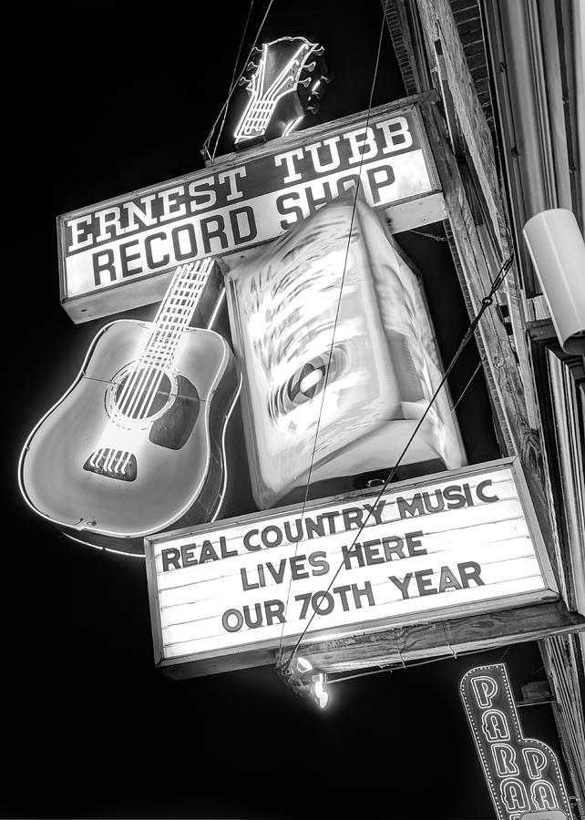 Ernest Tubb Record Shop Neon - Nashville Tennessee BW Photograph by Gregory Ballos
