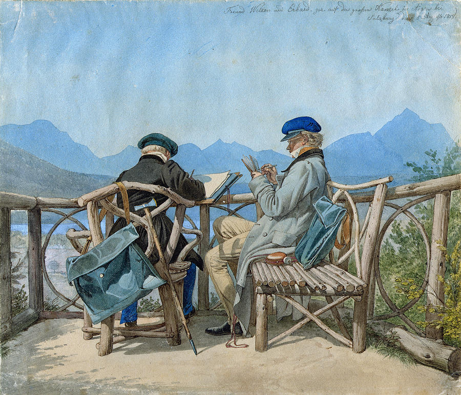 Ernst Welker and Johann Christian Erhard on a seat in Aigen Drawing by Johann Adam Klein