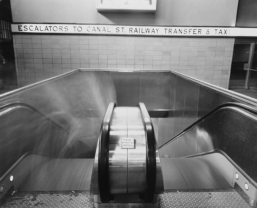 Escalators to Canal Street Railway Transfer at Chicago Passenger Terminal - 1961 Photograph by Chicago and North Western Historical Society