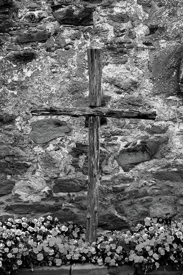 Espada Cross w Pansies 2 BW Photograph by Mary Bedy