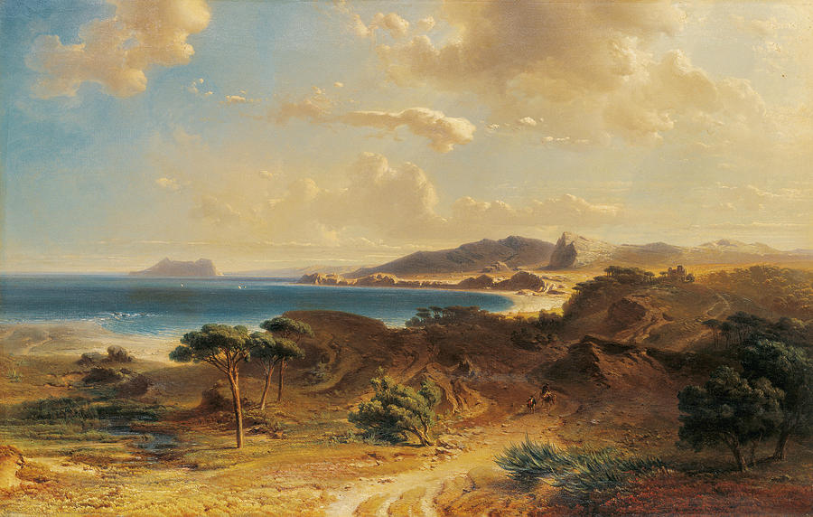 Estepona beach with the view of the Rock of Gibraltar Painting by Fritz Bamberger