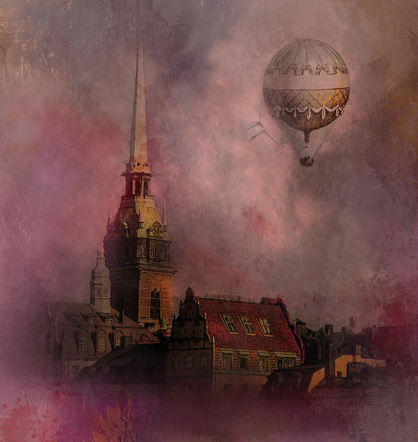 Stockholm church with flying balloon Digital Art by Jeff Burgess