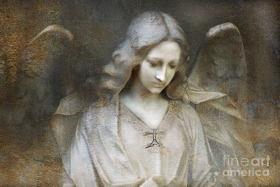Stone Angels Digital Art - Ethereal Spiritual Stone Textured Angel In Prayer by Kathy Fornal