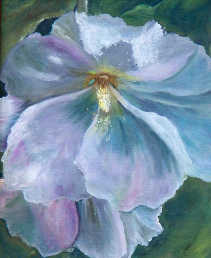 Flowers Still Life Painting - Ethereal White Hollyhock by Nila Jane Autry