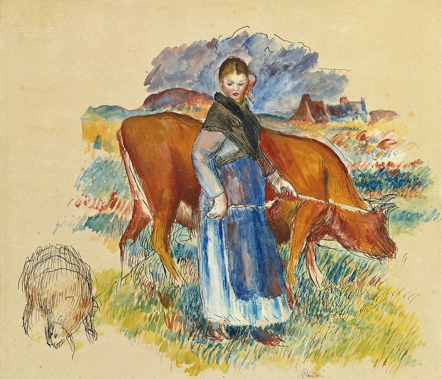 Etude pour la bergre. La vache. La brebis Drawing by Pierre-Auguste Renoir