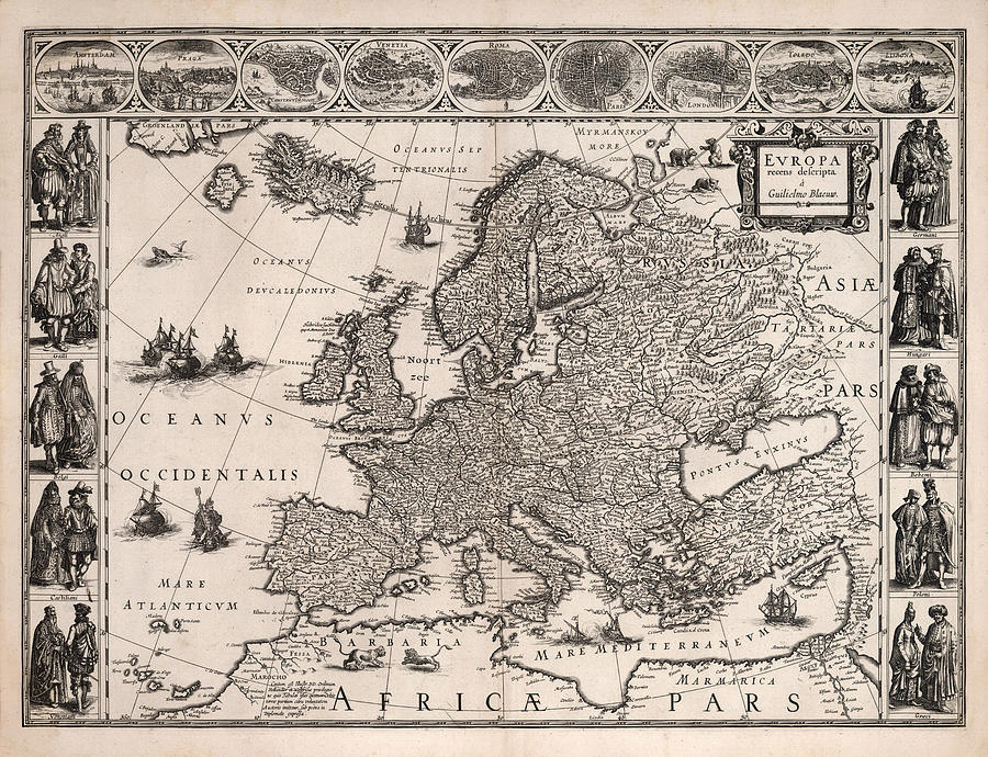 Europa - Antique Illustrated Map Of Europe - Geographical Map - Cities And The People Drawing
