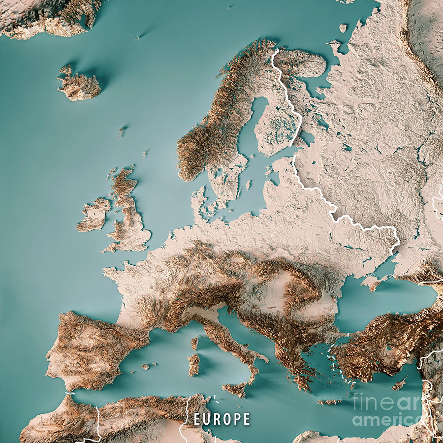 Europe 3D Render Topographic Map Neutral Border by Frank Ramspott