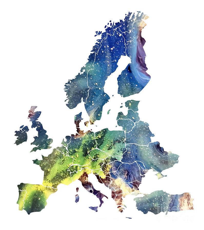 Europe Map Cosmic Watercolor Digital Art by Justyna JBJart