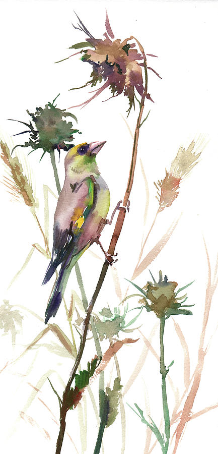 Finch Painting - European Goldfinch in the Field by Suren Nersisyan