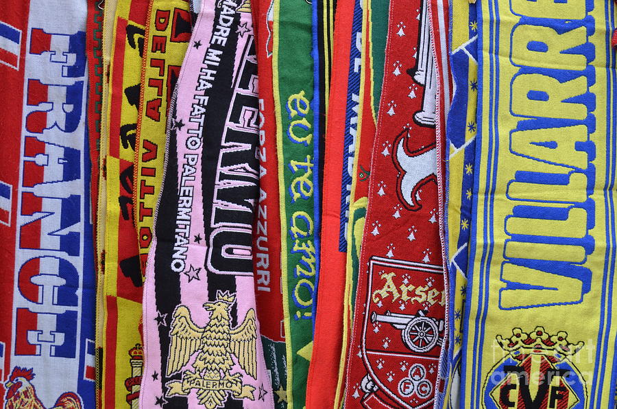 Soccer Photograph - European Soccer teams scarfs for sale in store by Sami Sarkis
